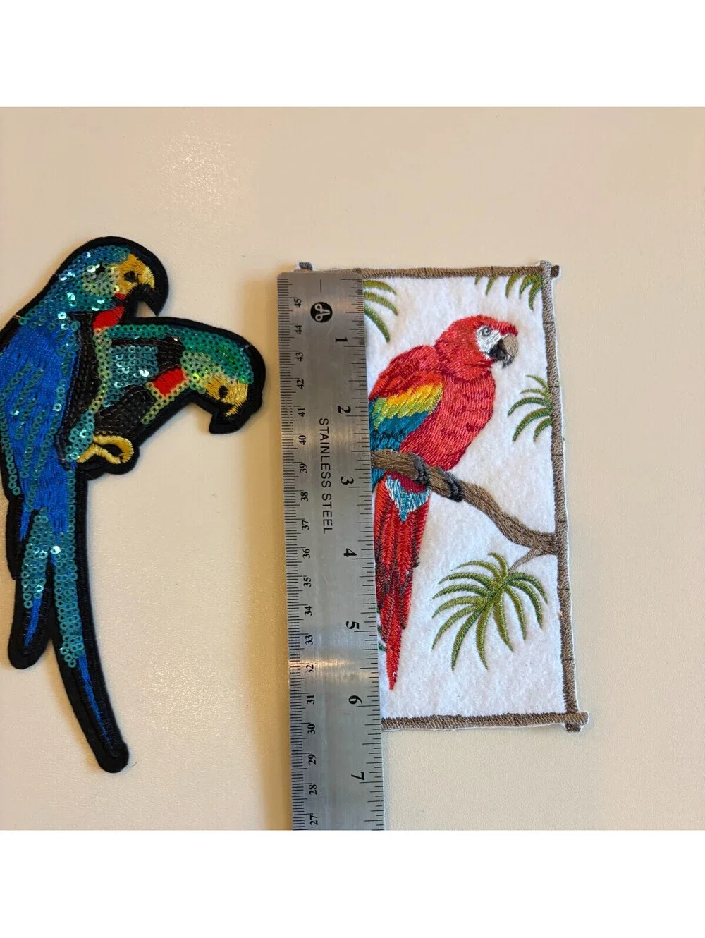 3 Vintage Parrot Applique Patch Lot Sequin Embroidered Macaw Birds DIY Craft